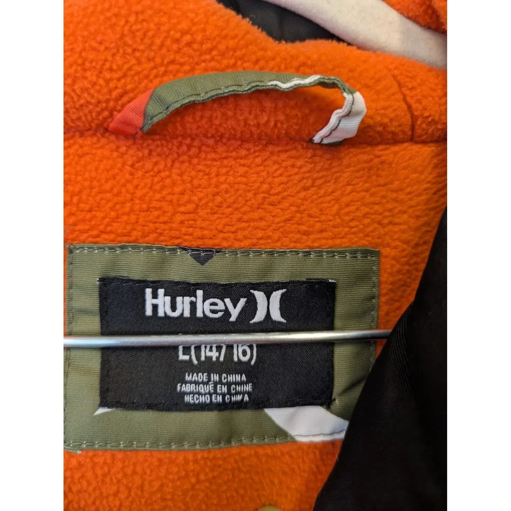 Hurley Puffer Jacket Kid's L (14/16) Green Orange Camo Hooded Fleece Lined‎
